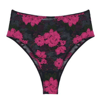 Underprotection high briefs in black with a flower design made from recycled polyamide